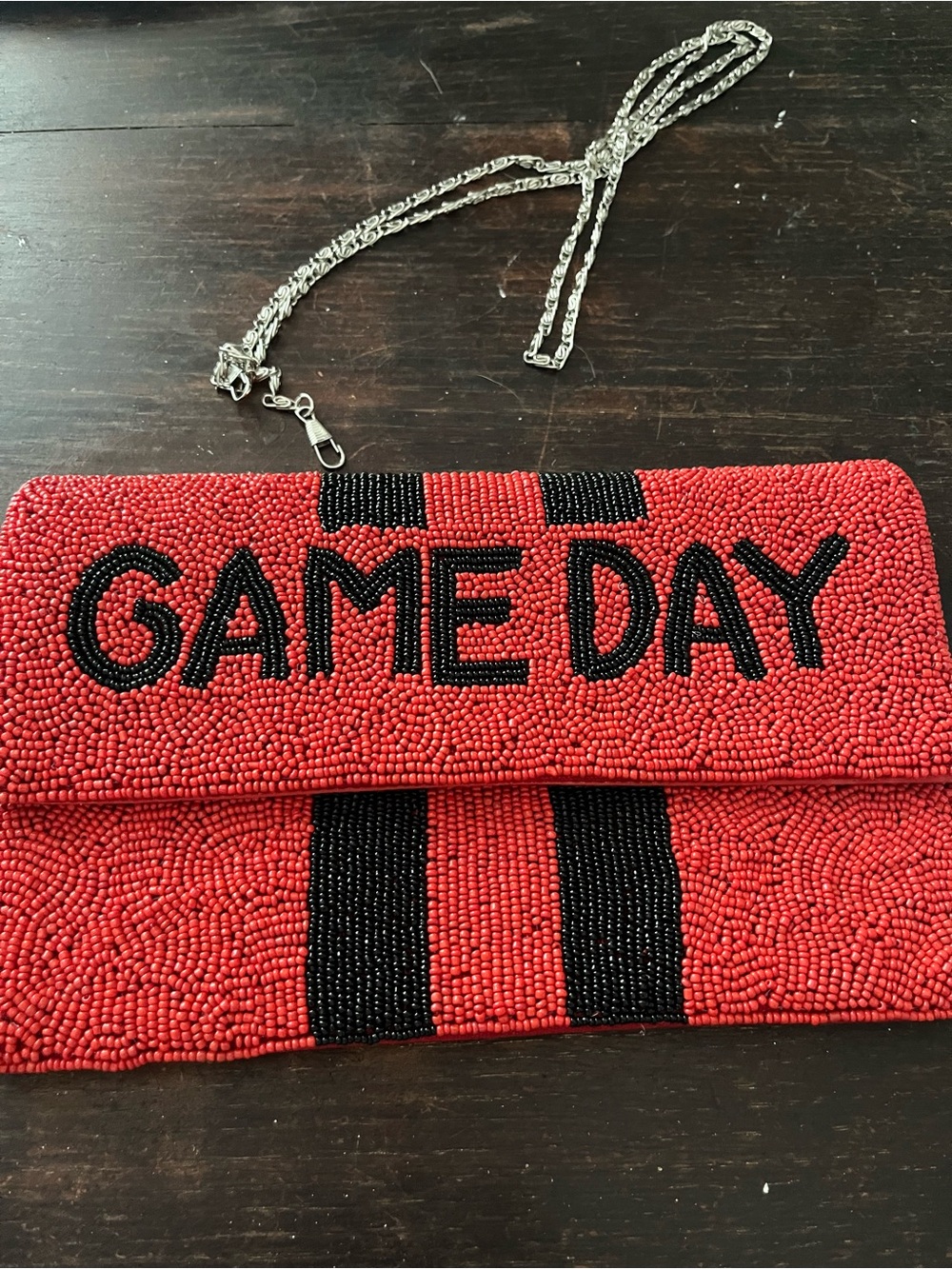 Red Beaded "GAME DAY" Clutch with Black Accents w 2 length straps